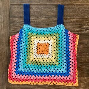 Andree by Unit Top Womens 1X Crochet Granny Square Loose Knit Blue Multi Sweater